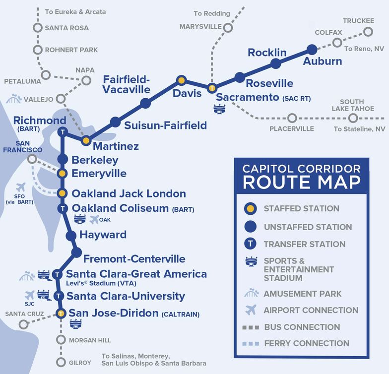 Capitol Corridor Train Route Map for Northern California